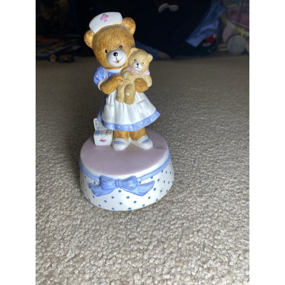 Vintage 1990 San Francisco Music Box Co Nurse Bear Porcelain Figurine Musical